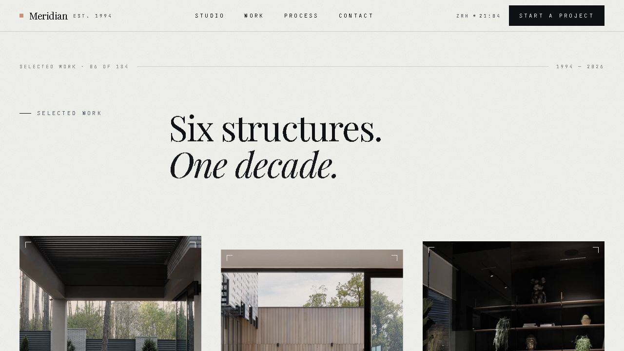 Katalog wybranych realizacji Meridian Construction z trzema fotografiami projektów w jednej siatce